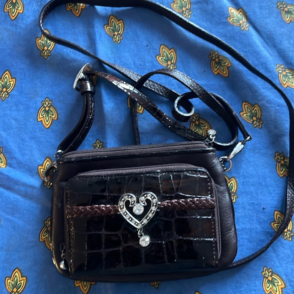 Brighton small crossbody wallet/purse. Dark brown patent leather and leather.